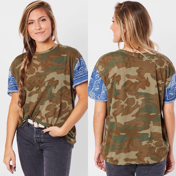 New Free People Clarity Tee Army Camo Print Large